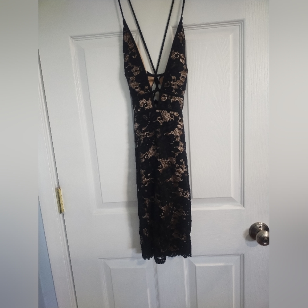 Trac Black and Tan Lace Backless Dress